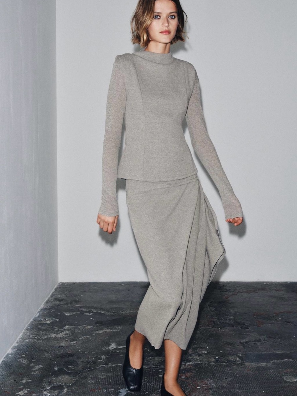 Zara Asymmetric Draped Knit Midi Skirt Size M